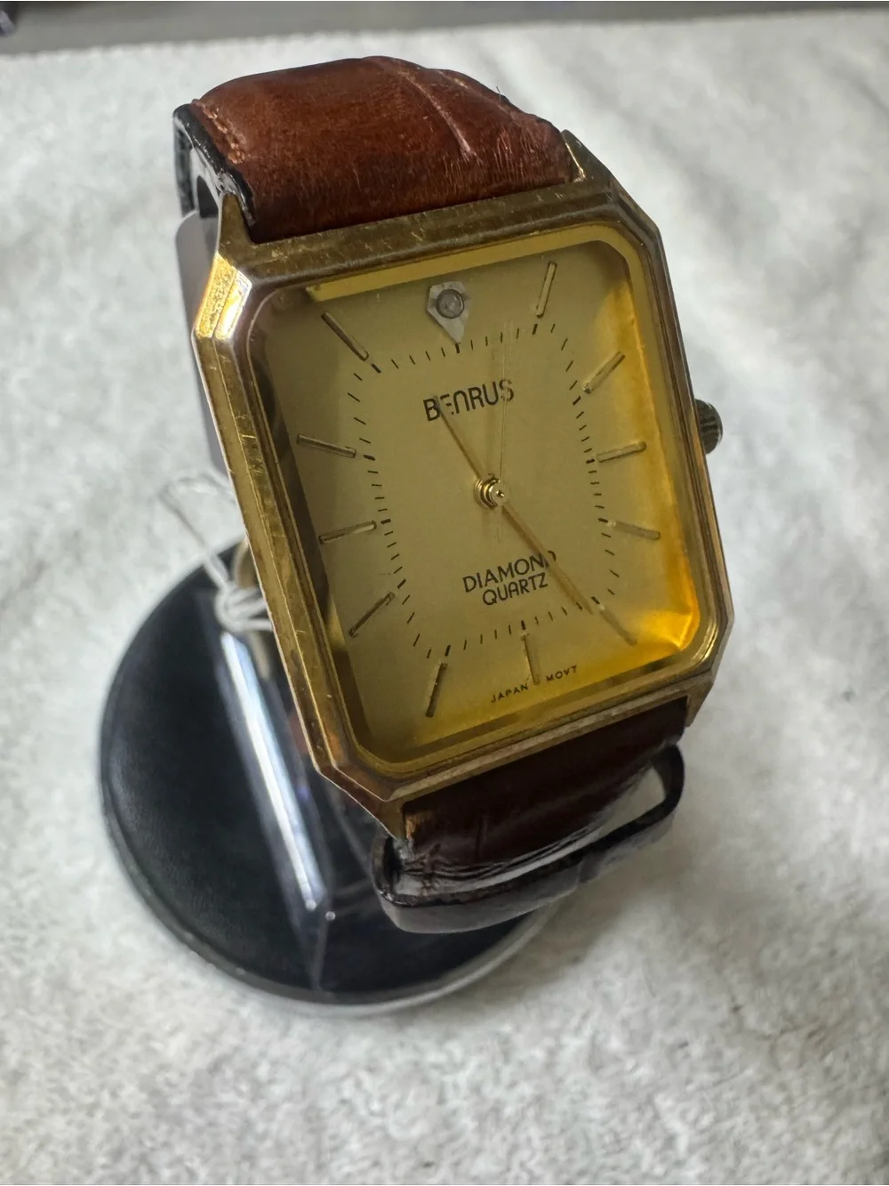 Benrus Gold-Tone Diamond Accent Quartz Watch with Brown Leather Strap